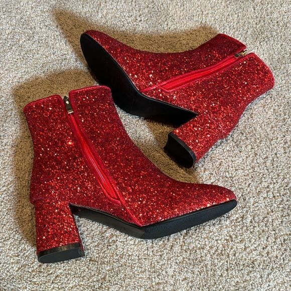 Women’s Red Glitter Covered Sparkly Chunky Heeled Boots Size 7.5 NEW - Picture 7 of 13